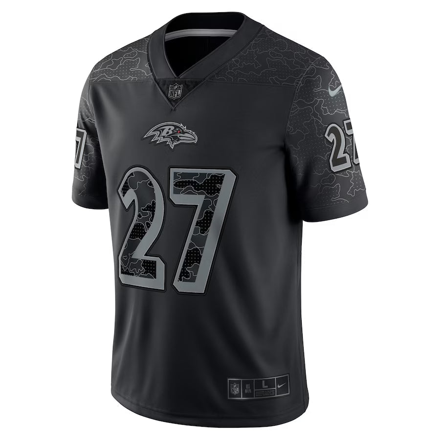 Men's J.K. Dobbins Black Baltimore Ravens RFLCTV Limited Jersey football jersey product view 2