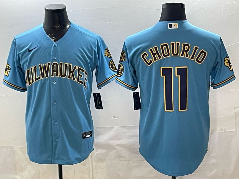 Men's Milwaukee Brewers Jackson Chourio #11 Light Blue Road Replica Jersey baseball jersey product view 1