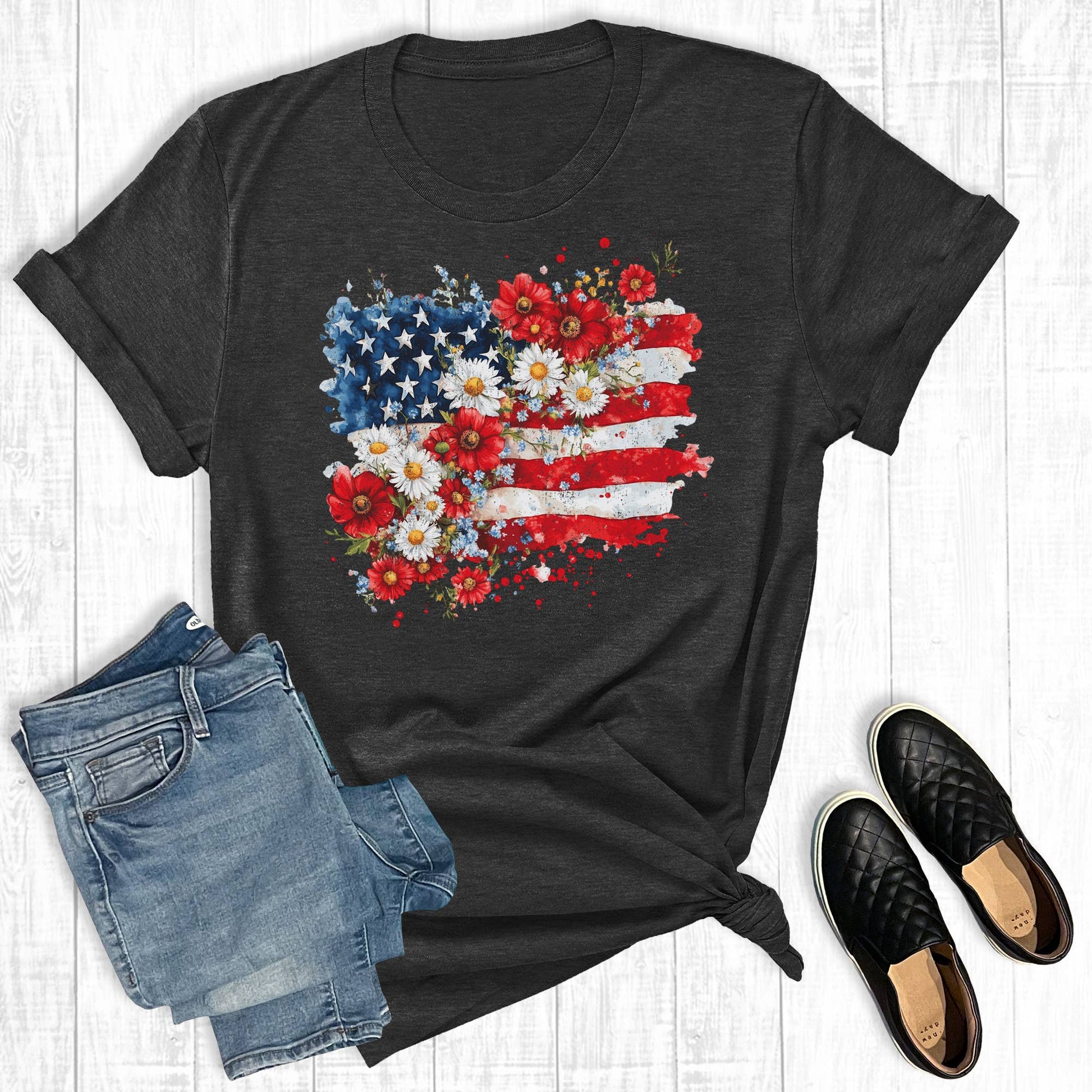 Independence Day Floral Flag Graphic Tee Unisex T-shirt, Sweatshirt, Hoodie, Long Sleeve Tee - T-Shirt, Sweatshirt, Hoodie
