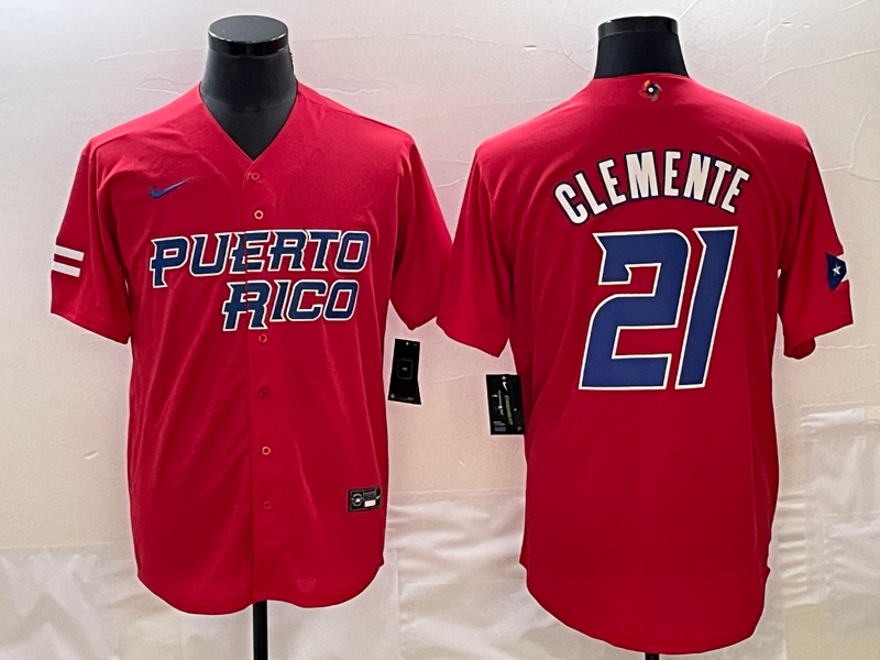 Men's 2023 World Baseball Classic Roberto Clemente Puerto Rico Red Jersey baseball jersey product view 1