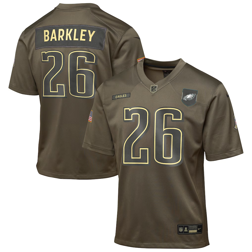 Youth Philadelphia Eagles Saquon Barkley Olive 2025 Salute to Service Game Jersey football jersey product view 1