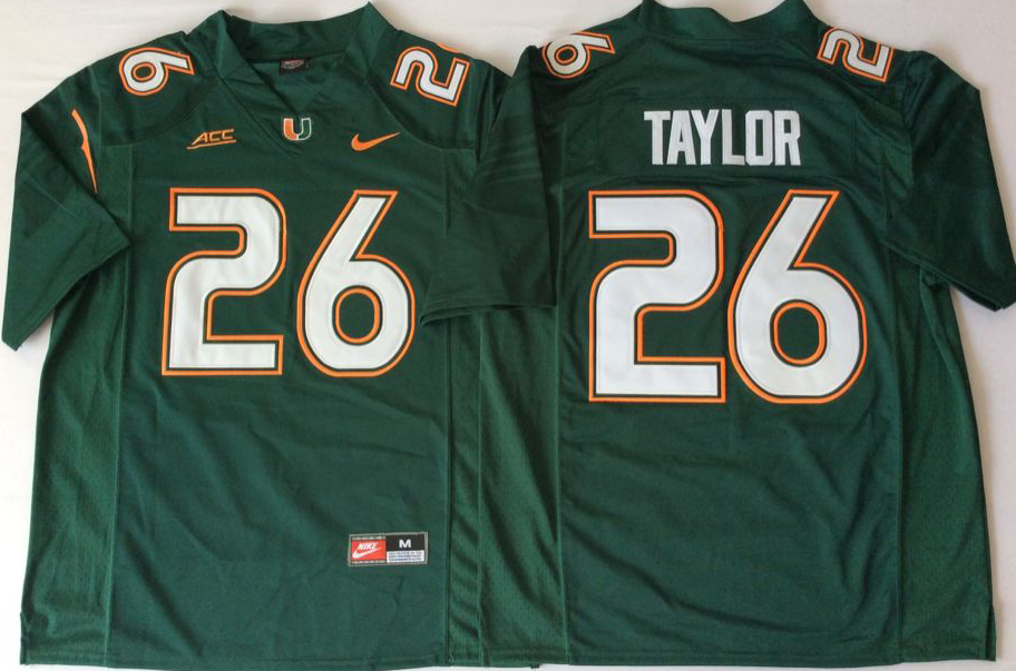 Men's Miami Hurricanes Sean Taylor #26 Green Team Football game Jersey football jersey product view 1
