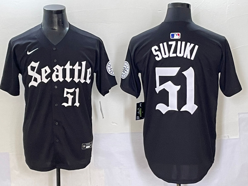Men's Seattle Mariners Ichiro Suzuki Black Replica Player Jersey baseball jersey product view 1