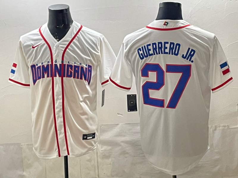 Men's Dominican Republic Baseball Vladimir Guerrero Jr. #27 White 2026 World Baseball Classic Stadium Jersey baseball jersey product view 1