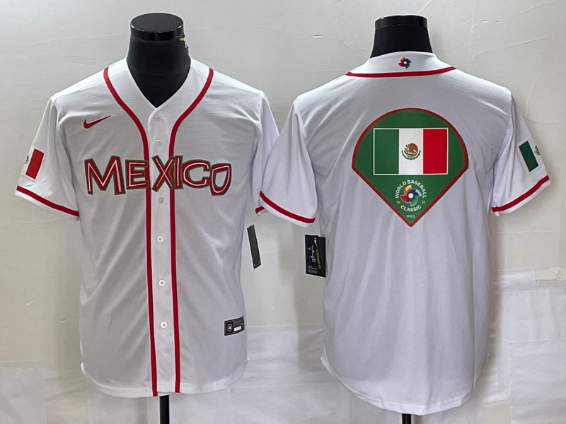 Men's 2023 World Baseball Classic Mexico White Player Jersey1 baseball jersey product view 1