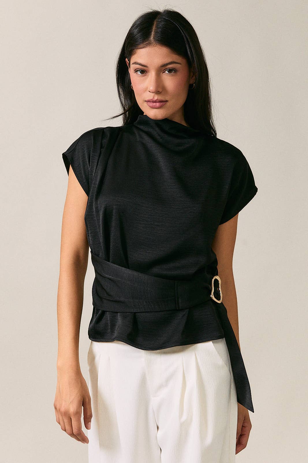 Mock Neck Cap Short Sleeve Belted Detail Top Unisex T-shirt, Sweatshirt, Hoodie, Long Sleeve Tee - T-Shirt, Sweatshirt, Hoodie