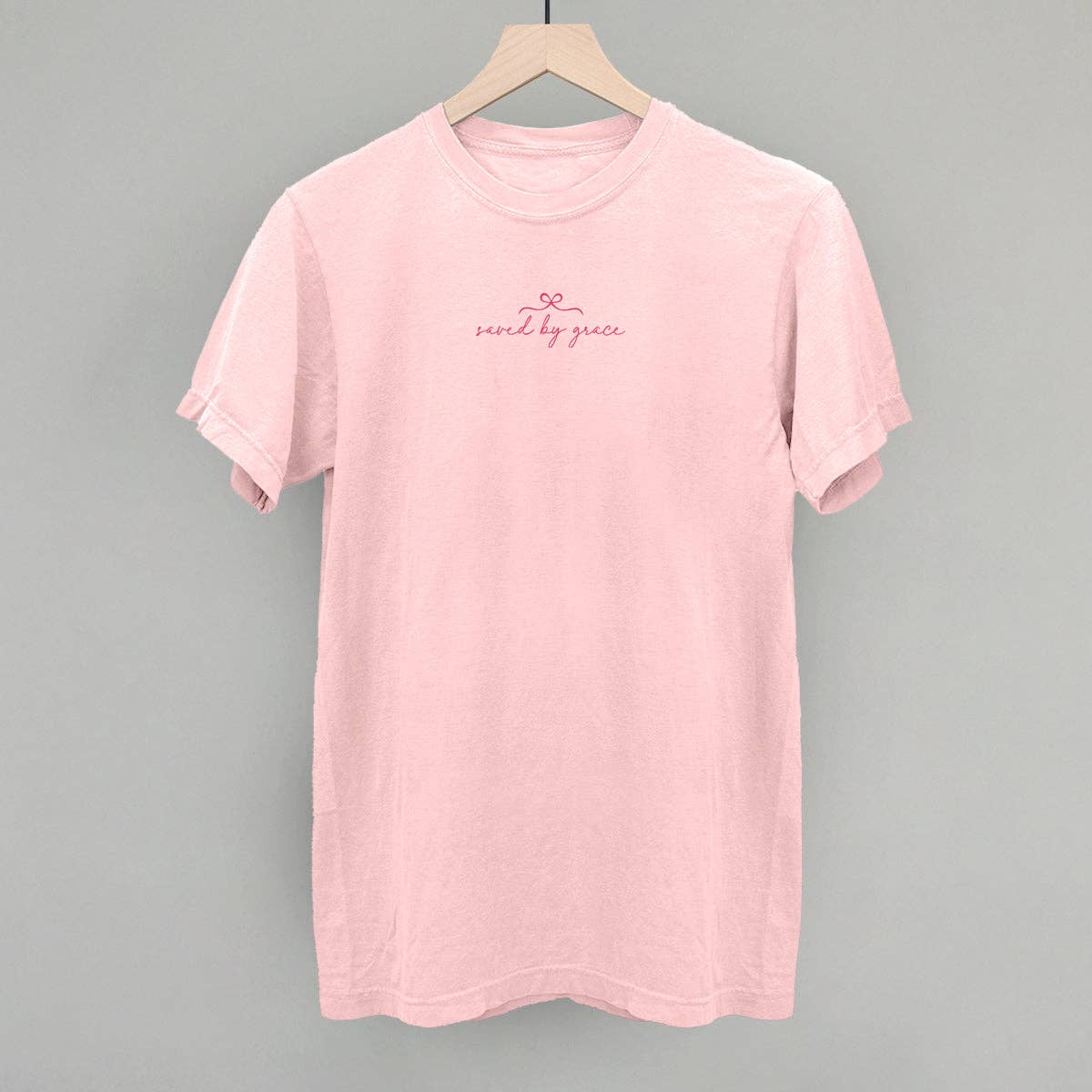 Saved By Grace (Script + Bow) Unisex T-shirt, Sweatshirt, Hoodie, Long Sleeve Tee - T-Shirt, Sweatshirt, Hoodie