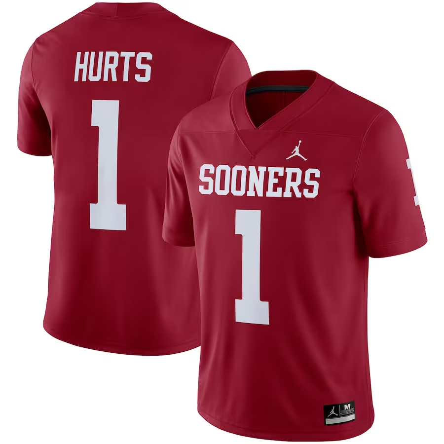 Men's Oklahoma Sooners Jalen Hurts #1 Crimson Player Game Jersey sports jersey product view 1