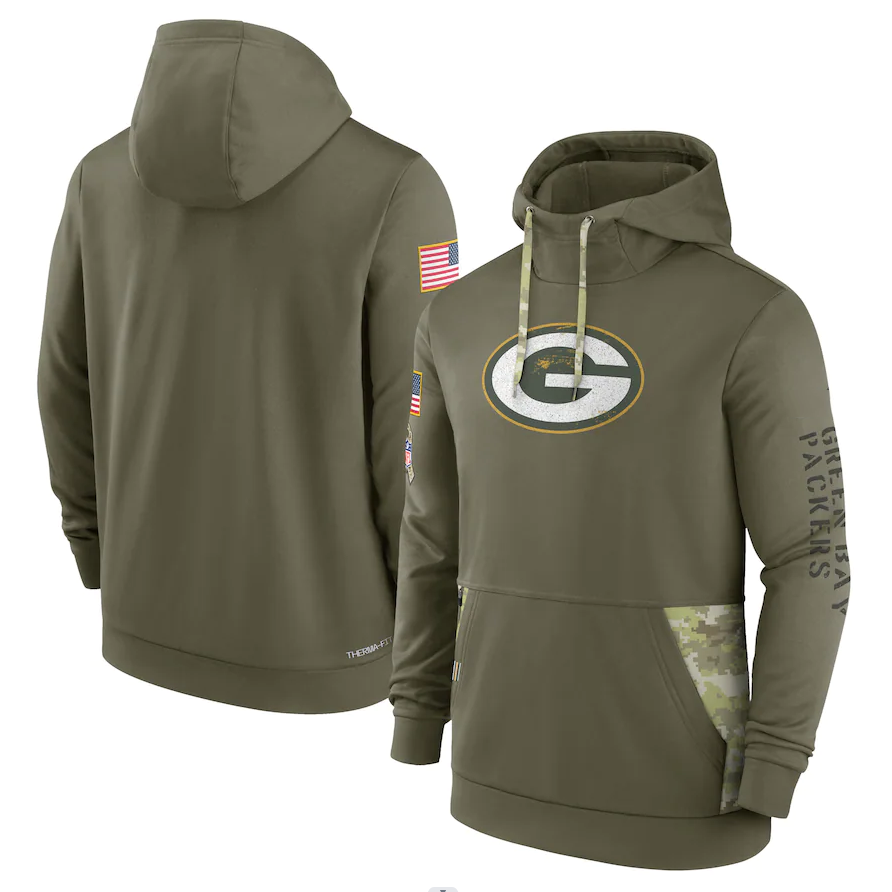 Men's Green Bay Packers Olive 2022 Salute to Service Therma Performance Pullover Hoodie football jersey product view 1