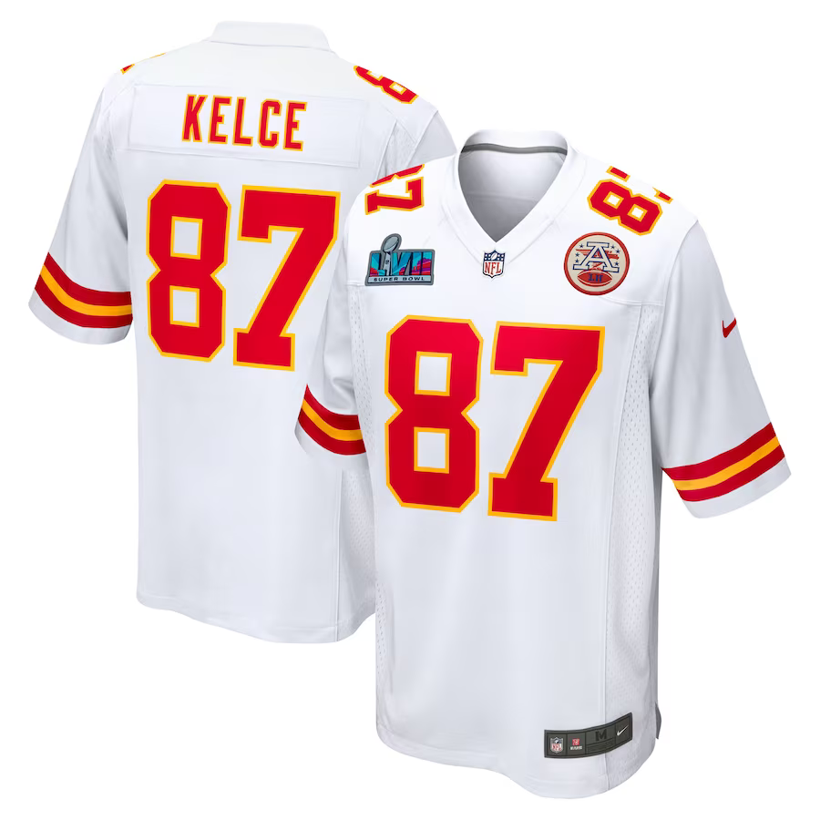 Men's Kansas City Chiefs Travis Kelce White Super Bowl LVII Patch Away Game Jersey football jersey product view 1