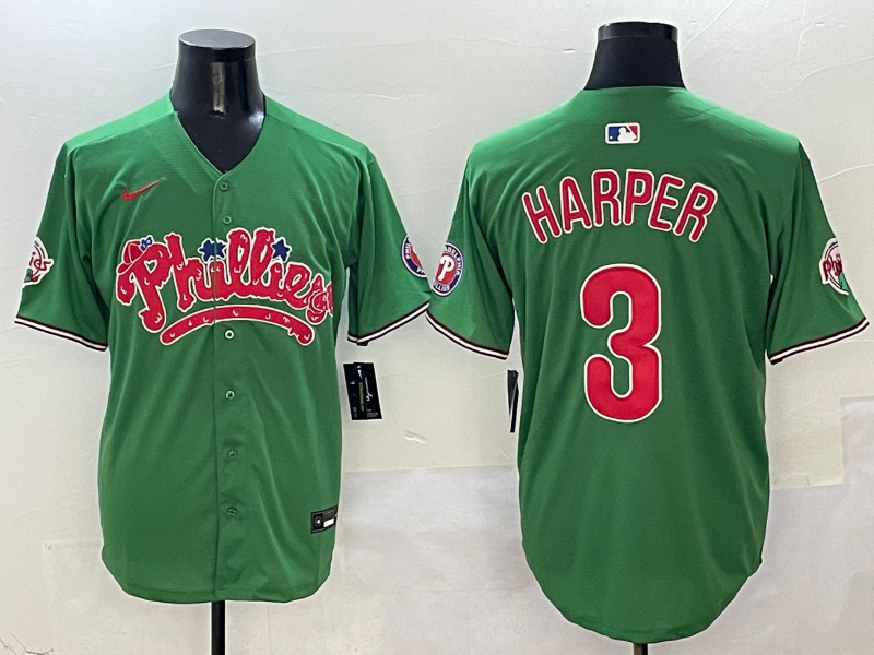 Men's Philadelphia Phillies Bryce Harper #3 Green Player Jersey baseball jersey product view 1