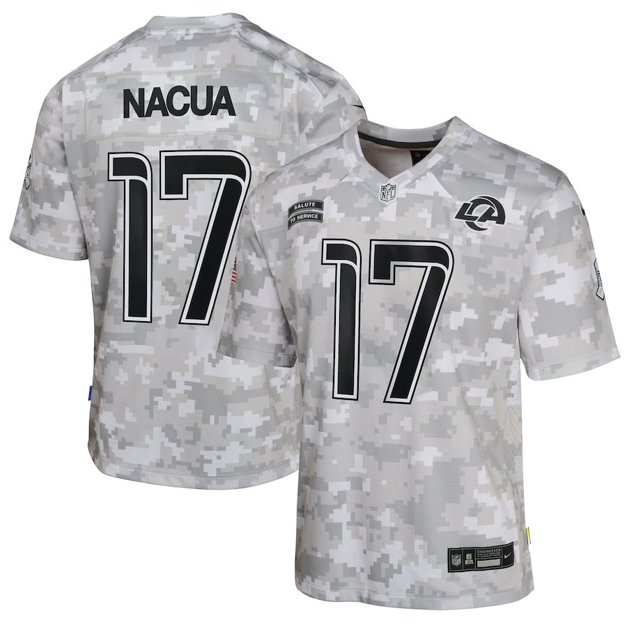 Puka Nacua #17 Los Angeles Rams Arctic Camo 2024 Salute to Service YOUTH Jersey - National Football League 2024 football jersey product view 1