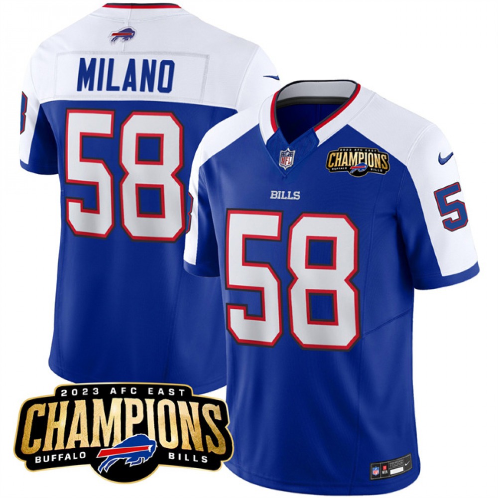 Men's Buffalo Bills #58 Matt Milano Blue/White 2023 F.U.S.E. AFC East Champions Ptach Stitched Football Jersey football jersey product view 1