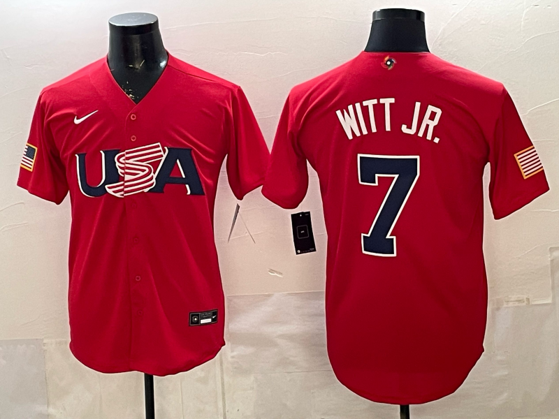 Men's USA Baseball Bobby Witt Jr. #7 Red 2026 World Baseball Classic Stadium Jersey baseball jersey product view 1