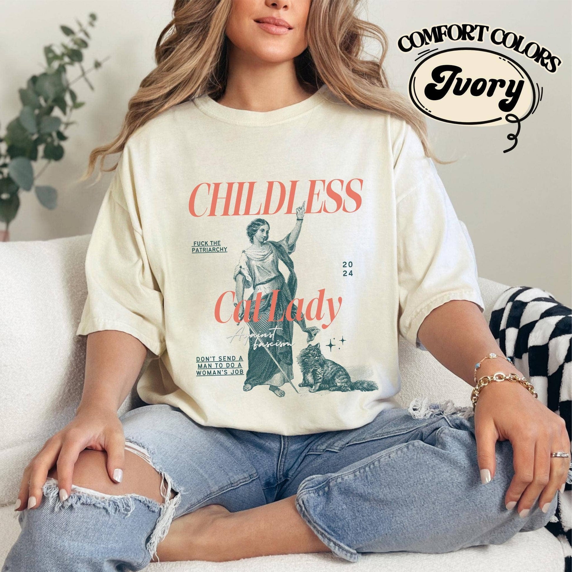 Childless Cat Lady Shirt - Harris 2024 Feminist Girl Power T Unisex T-shirt, Sweatshirt, Hoodie, Long Sleeve Tee - T-Shirt, Sweatshirt, Hoodie