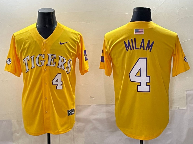 Men's LSU Tigers Steven Milam #4 Yellow Replica Player Jersey sports jersey product view 1
