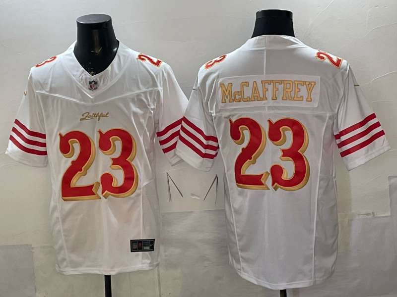 Men's San Francisco 49ers Christian McCaffrey #23 White 2025 Rivalries Collection Game Jersey football jersey product view 1