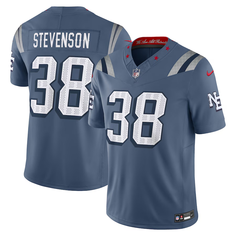 Men's New England Patriots Rhamondre Stevenson #38 Storm Blue 2025 Rivalries Collection Limited Jersey football jersey product view 1