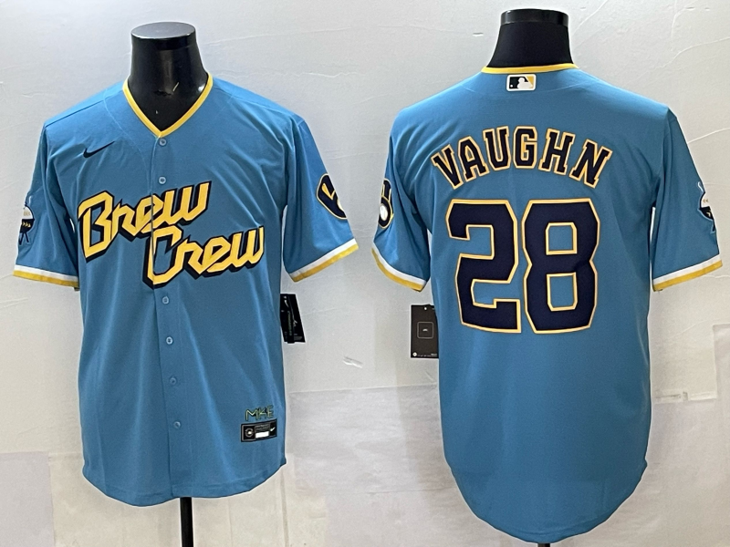 Men's Milwaukee Brewers Andrew Vaughn #28 Powder Blue City Connect Limited Player Jersey baseball jersey product view 1