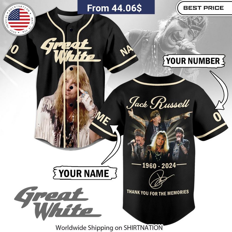 Great White Jack Russell CUSTOM Baseball Jersey Unisex T-shirt, Sweatshirt, Hoodie, Long Sleeve Tee - T-Shirt, Sweatshirt, Hoodie