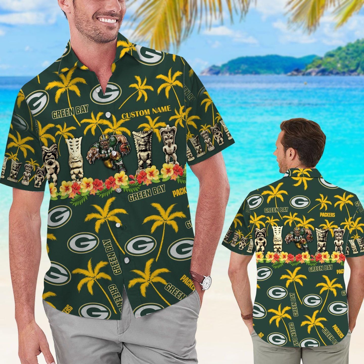 Green Bay Packers Name Personalized Short Sleeve Button Up Tropical Hawaiian Shirt Unisex T-shirt, Sweatshirt, Hoodie, Long Sleeve Tee - T-Shirt, Sweatshirt, Hoodie