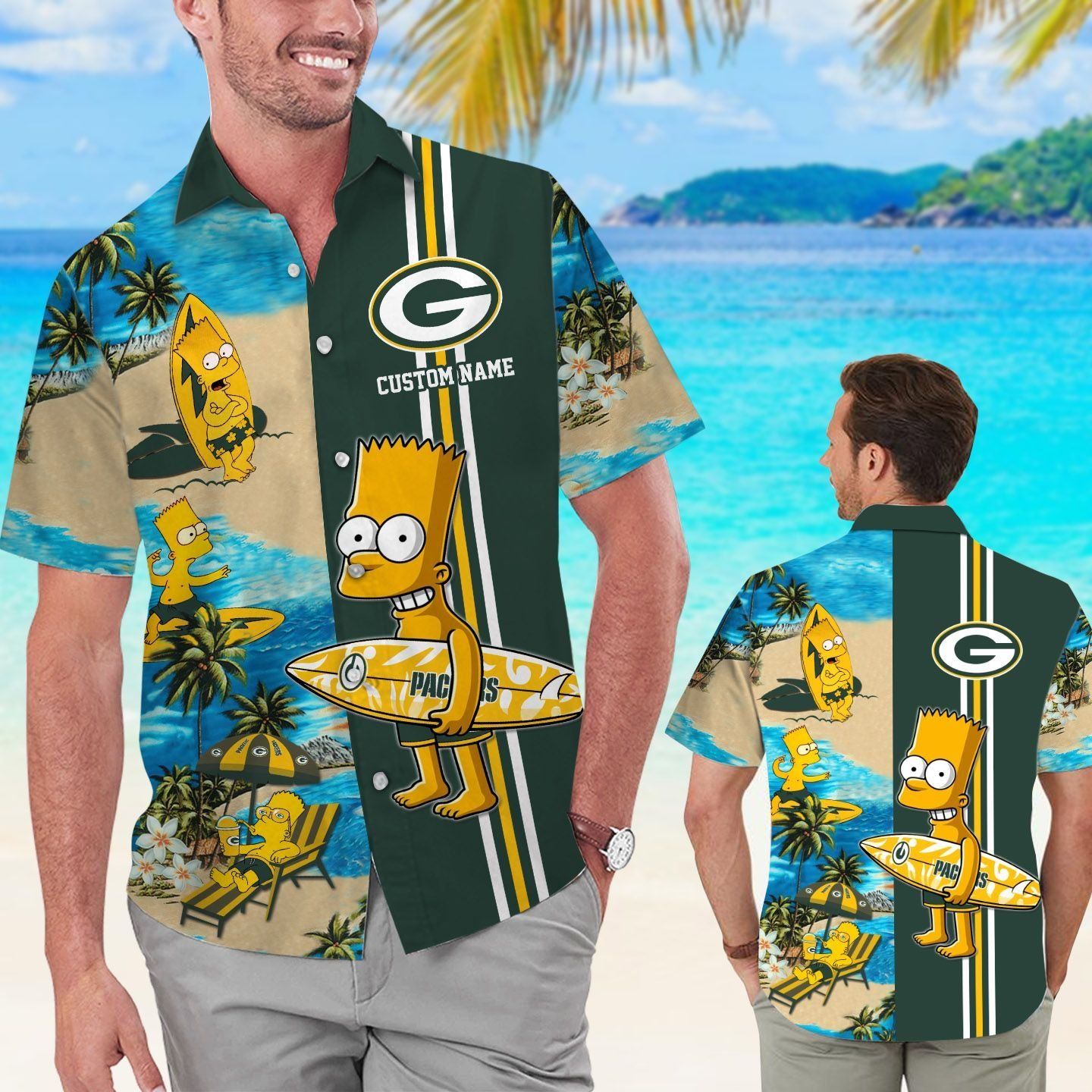 Green Bay Packers Simpsons Name Personalized Short Sleeve Button Up Tropical Hawaiian Shirt - T-Shirt, Sweatshirt, Hoodie