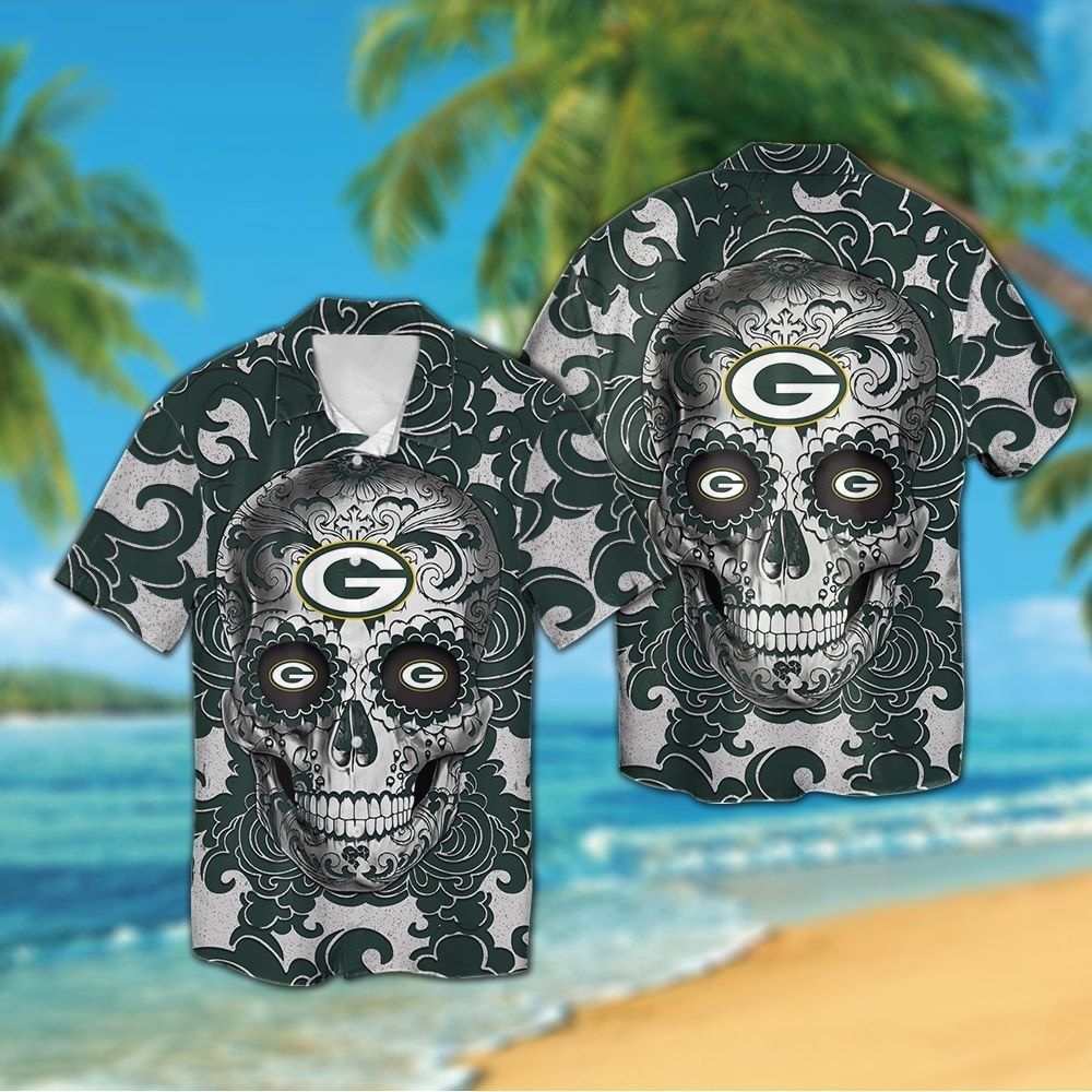 Green Bay Packers Sugarskull Short Sleeve Button Up Tropical Hawaiian Shirt Unisex T-shirt, Sweatshirt, Hoodie, Long Sleeve Tee - T-Shirt, Sweatshirt, Hoodie