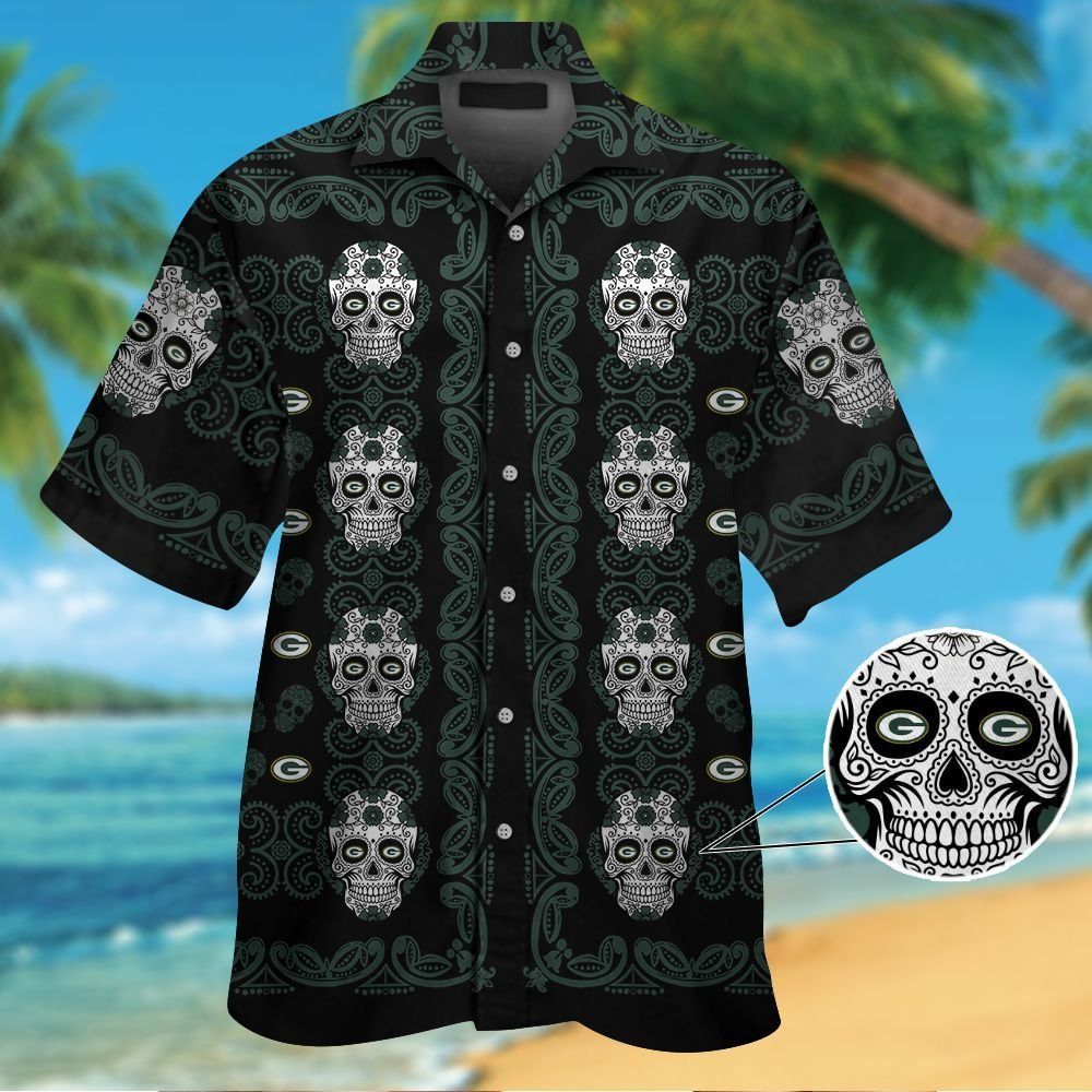 Green Bay Packersskull Short Sleeve Button Up Tropical Hawaiian Shirt Unisex T-shirt, Sweatshirt, Hoodie, Long Sleeve Tee - T-Shirt, Sweatshirt, Hoodie