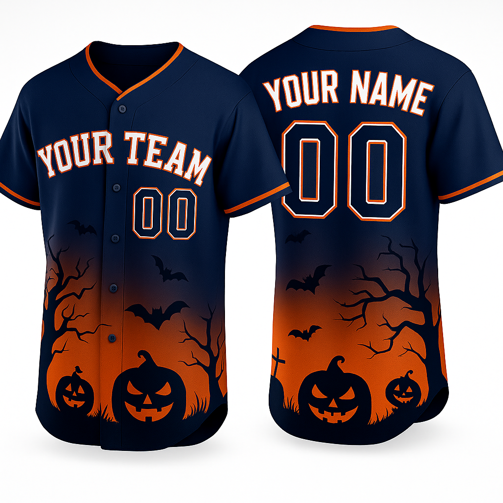 Halloween Baseball Jersey Navy & Orange Custom Jersey with Pumpkins and Bats Personalized Name & Number - T-Shirt, Sweatshirt, Hoodie