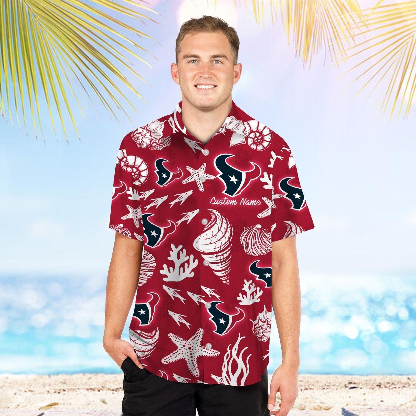 Houston Texans Name Personalized Short Sleeve Button Up Tropical Hawaiian Shirt Unisex T-shirt, Sweatshirt, Hoodie, Long Sleeve Tee - T-Shirt, Sweatshirt, Hoodie