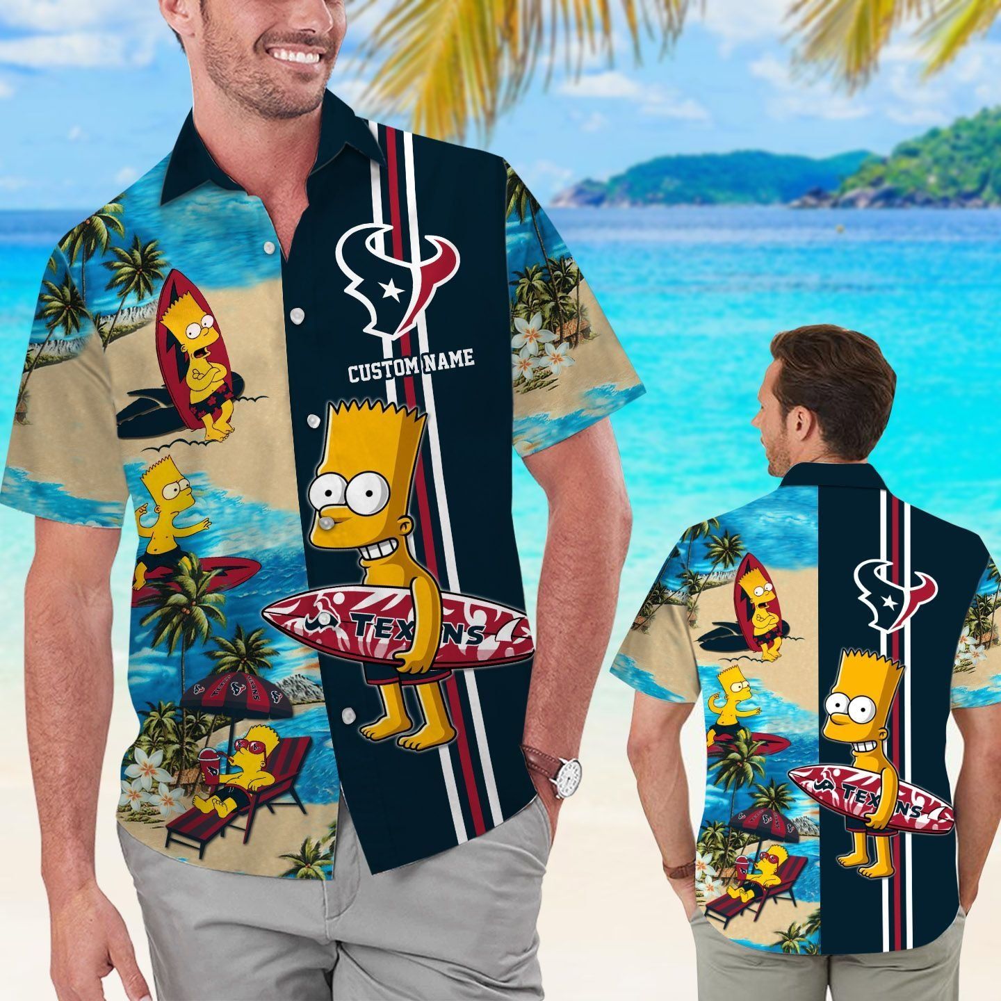 Houston Texans Simpsons Name Personalized Short Sleeve Button Up Tropical Hawaiian Shirt Unisex T-shirt, Sweatshirt, Hoodie, Long Sleeve Tee - T-Shirt, Sweatshirt, Hoodie