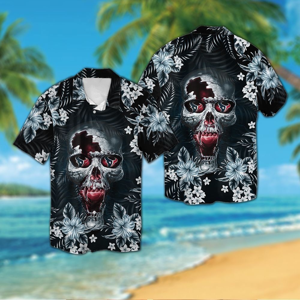 Houston Texansskull Short Sleeve Button Up Tropical Hawaiian Shirt VER01 Unisex T-shirt, Sweatshirt, Hoodie, Long Sleeve Tee - T-Shirt, Sweatshirt, Hoodie