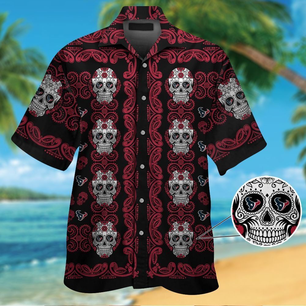 Houston Texansskull Short Sleeve Button Up Tropical Hawaiian Shirt VER02 Unisex T-shirt, Sweatshirt, Hoodie, Long Sleeve Tee - T-Shirt, Sweatshirt, Hoodie