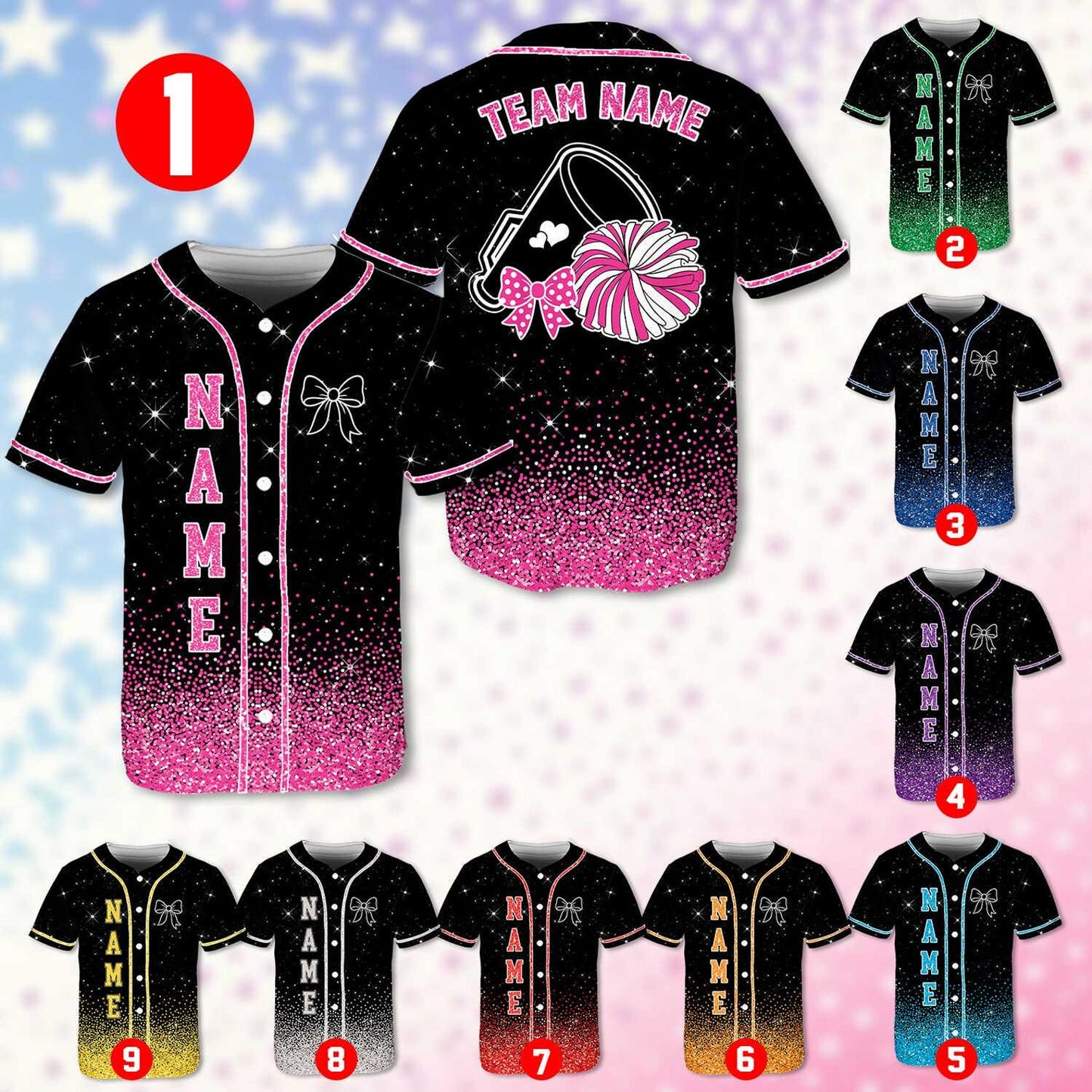 Custom Cheerleading Baseball Jersey, Sparkle Glitter Team Uniform, Personalized Name Number Cheer Team Baseball Shirt for Adult Kid Youth - T-Shirt, Sweatshirt, Hoodie