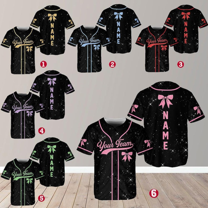 Personalized Team Name Number Bow Ribbon Baseball Jersey, Custom Cheer Baseball Jersey, Glitter Jersey (Printed Glitter, Not Glitter Fabric) - T-Shirt, Sweatshirt, Hoodie