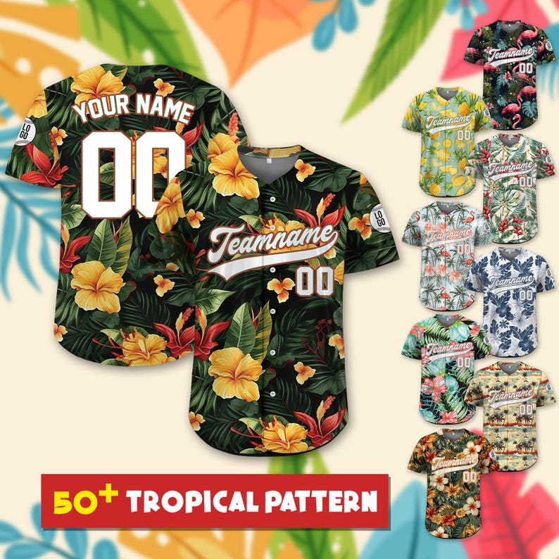 Personalized Hawaiian Baseball Jersey with Team Name Number, Custom Hawaii Floral Shirt for Men Women Youth Kid Jersey Button Down Shirt - T-Shirt, Sweatshirt, Hoodie