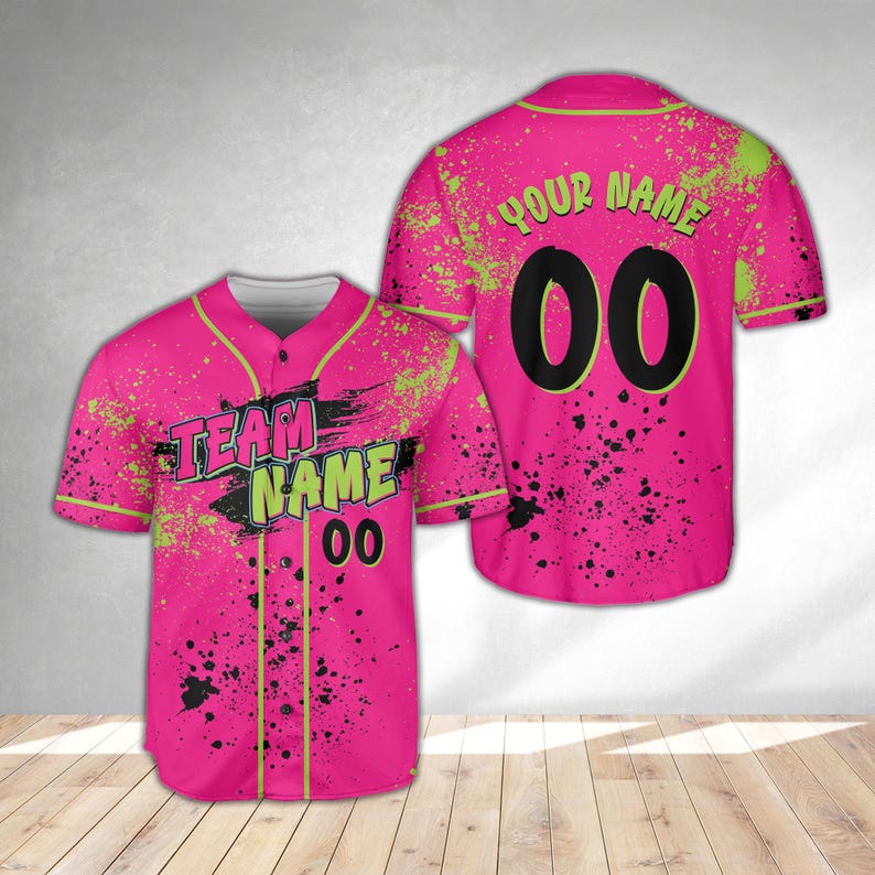 Animals Baseball Jersey, Monkey Team Custom Name And Number Baseball Jersey, Pink And Black Paint Splatter Jersey, Team Party Uniform - T-Shirt, Sweatshirt, Hoodie