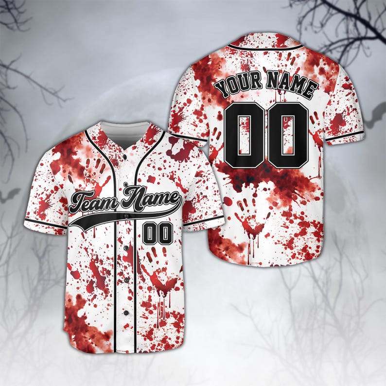 Bloody Horror Halloween Baseball Jersey, Custom Name And Number Halloween Jersey, Creepy Halloween Team Jersey, Personalized Halloween Gift - T-Shirt, Sweatshirt, Hoodie