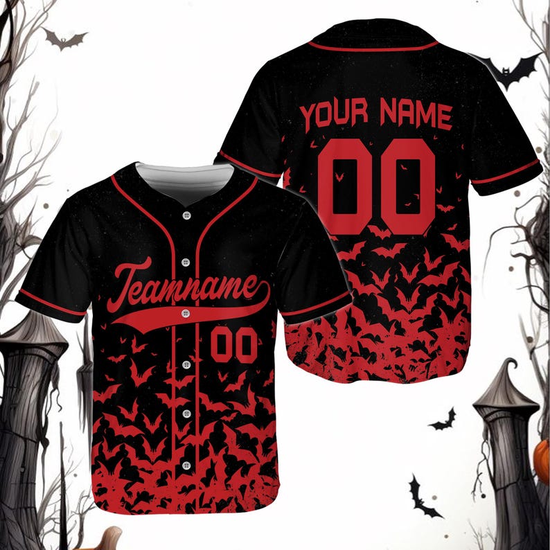 Custom Halloween Baseball Jersey with Personalized Name and Number, Spooky Flying Bats Print, Unique Costume Gift for Halloween Party - T-Shirt, Sweatshirt, Hoodie