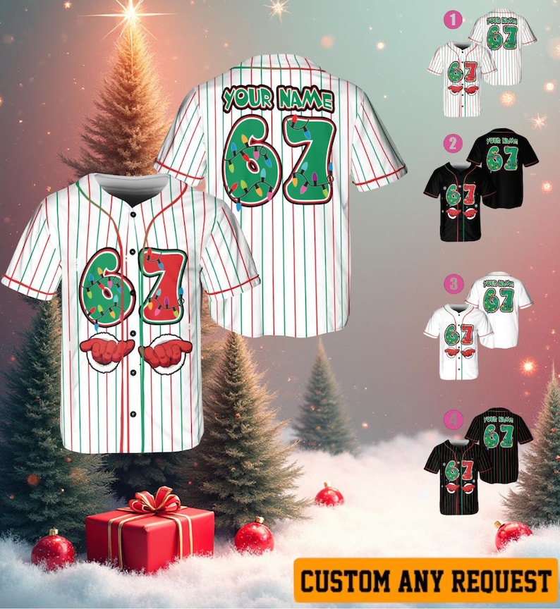 Funny Christmas '67' Meme Baseball Jersey, Festive Holiday Outfit Unisex T-shirt, Sweatshirt, Hoodie, Long Sleeve Tee - T-Shirt, Sweatshirt, Hoodie