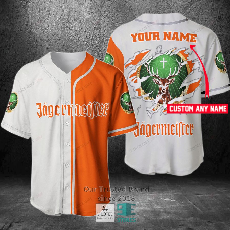 Jagermeister Your Name orange white Baseball Jersey Unisex T-shirt, Sweatshirt, Hoodie, Long Sleeve Tee - T-Shirt, Sweatshirt, Hoodie