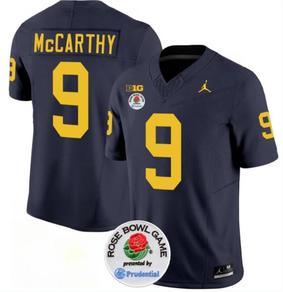 J.J. McCarthy Michigan Wolverines Rosebowl Jersey Navy sports jersey product view 1
