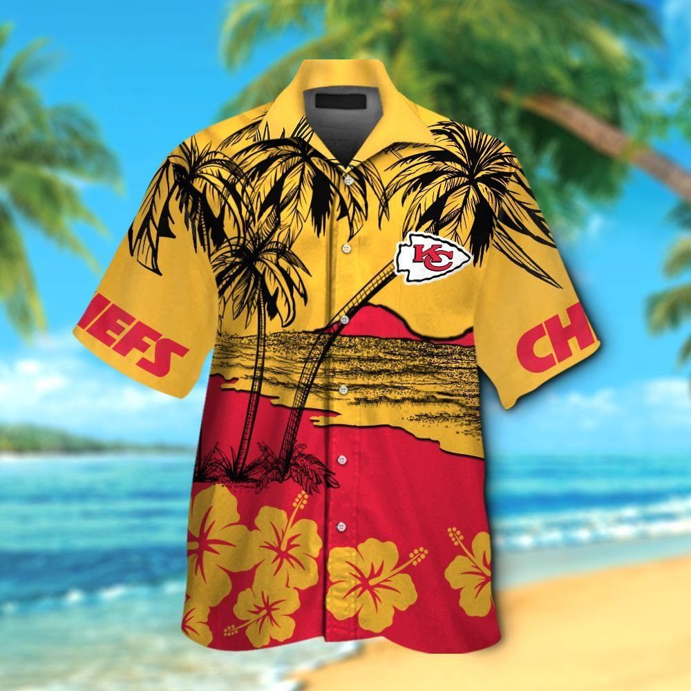 Kansas City Chiefs Short Sleeve Button Up Tropical Hawaiian Shirt VER018 Unisex T-shirt, Sweatshirt, Hoodie, Long Sleeve Tee - T-Shirt, Sweatshirt, Hoodie