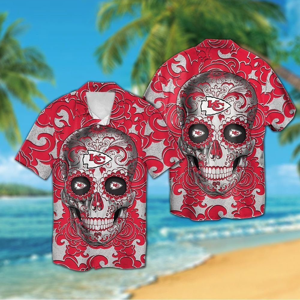 Kansas City Chiefs Sugarskull Short Sleeve Button Up Tropical Hawaiian Shirt Unisex T-shirt, Sweatshirt, Hoodie, Long Sleeve Tee - T-Shirt, Sweatshirt, Hoodie