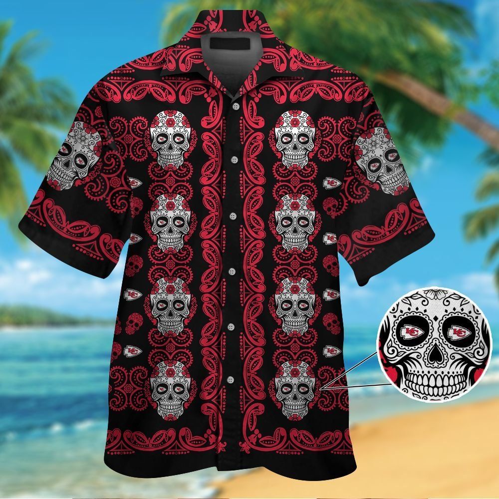 Kansas City Chiefsskull Short Sleeve Button Up Tropical Hawaiian Shirt VER01 Unisex T-shirt, Sweatshirt, Hoodie, Long Sleeve Tee - T-Shirt, Sweatshirt, Hoodie