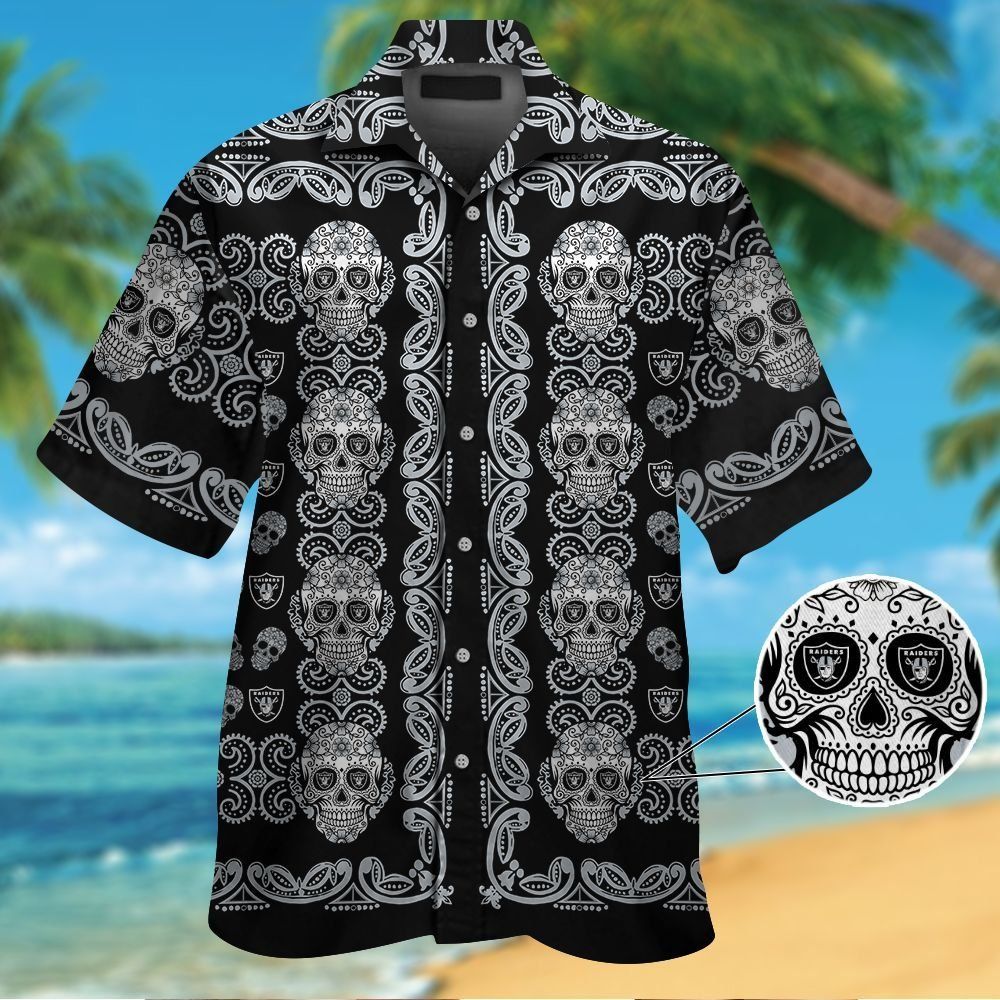 Las Vegas Raidersskull Short Sleeve Button Up Tropical Hawaiian Shirt VER01 Unisex T-shirt, Sweatshirt, Hoodie, Long Sleeve Tee - T-Shirt, Sweatshirt, Hoodie