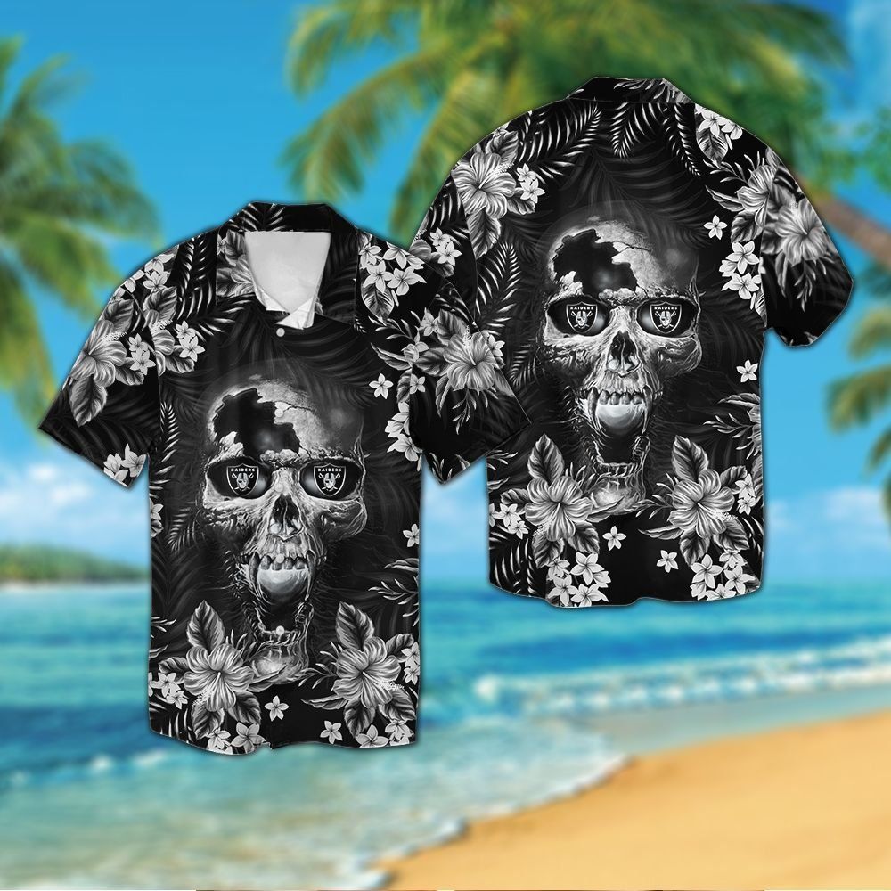 Las Vegas Raidersskull Short Sleeve Button Up Tropical Hawaiian Shirt VER02 Unisex T-shirt, Sweatshirt, Hoodie, Long Sleeve Tee - T-Shirt, Sweatshirt, Hoodie