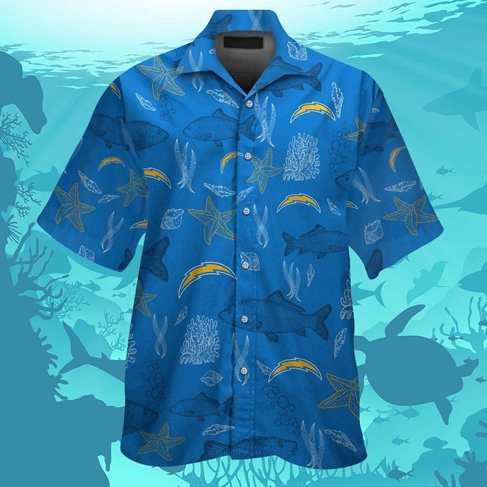 Los Angeles Chargers Short Sleeve Button Up Tropical Hawaiian Shirt VER010 Unisex T-shirt, Sweatshirt, Hoodie, Long Sleeve Tee - T-Shirt, Sweatshirt, Hoodie