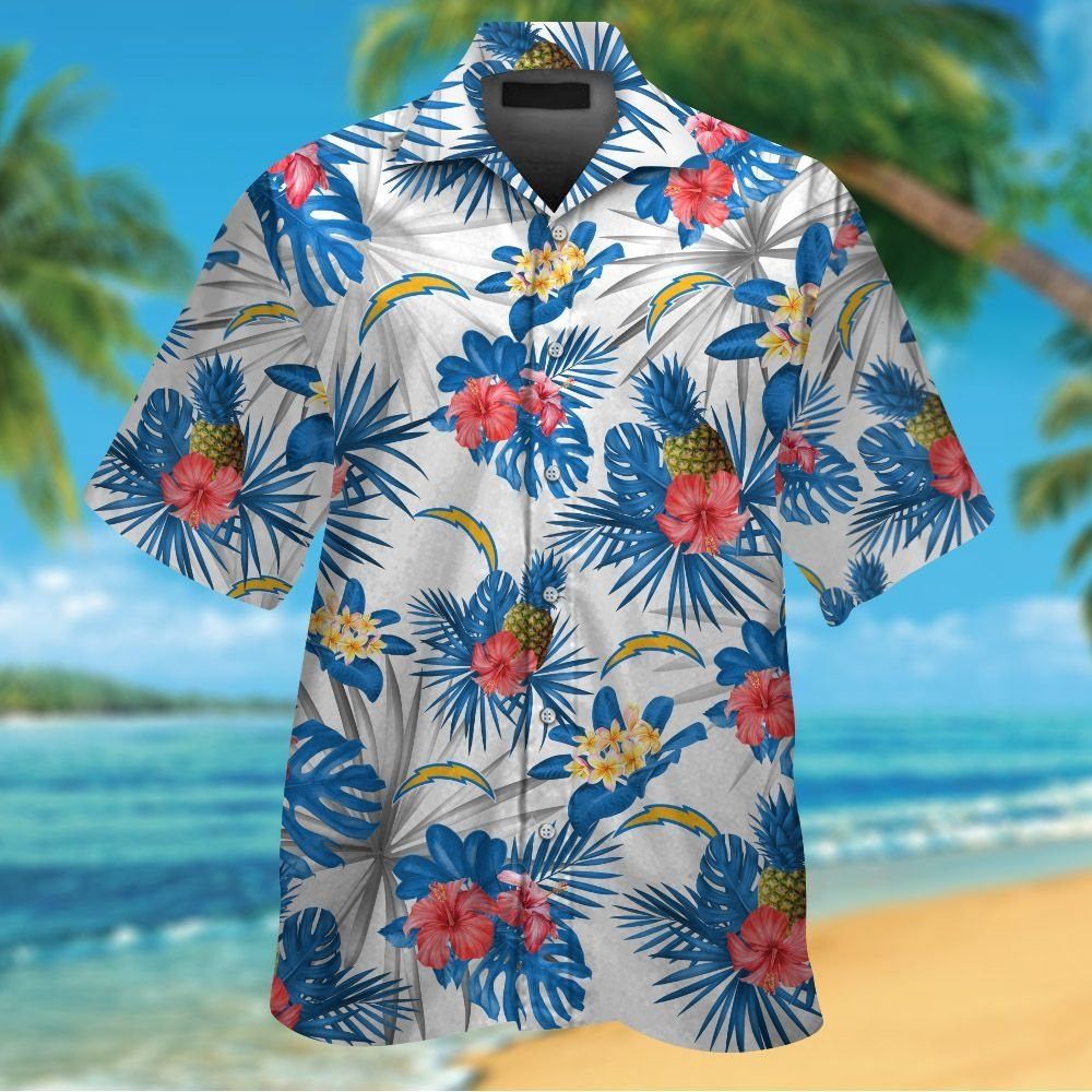 Los Angeles Chargers Short Sleeve Button Up Tropical Hawaiian Shirt VER011 Unisex T-shirt, Sweatshirt, Hoodie, Long Sleeve Tee - T-Shirt, Sweatshirt, Hoodie