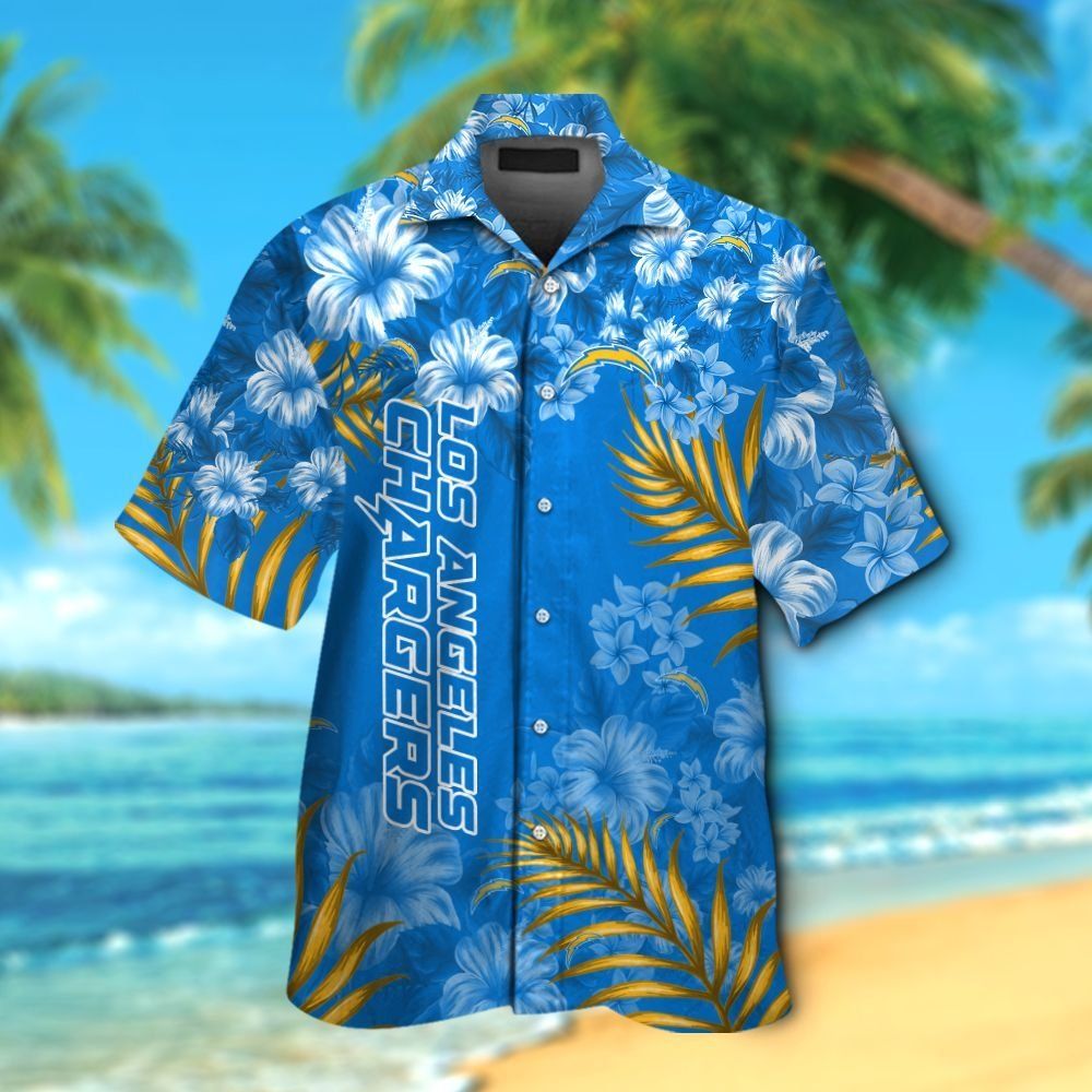 Los Angeles Chargers Short Sleeve Button Up Tropical Hawaiian Shirt VER014 Unisex T-shirt, Sweatshirt, Hoodie, Long Sleeve Tee - T-Shirt, Sweatshirt, Hoodie